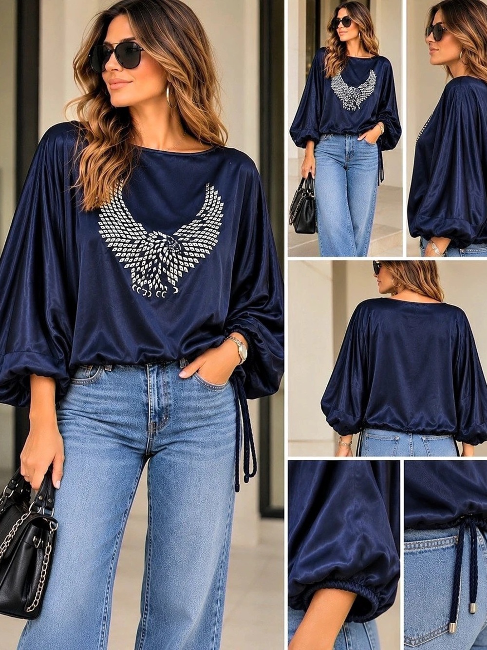 SUNNER Embellished Balloon Sleeve Blouse in Blue Like New